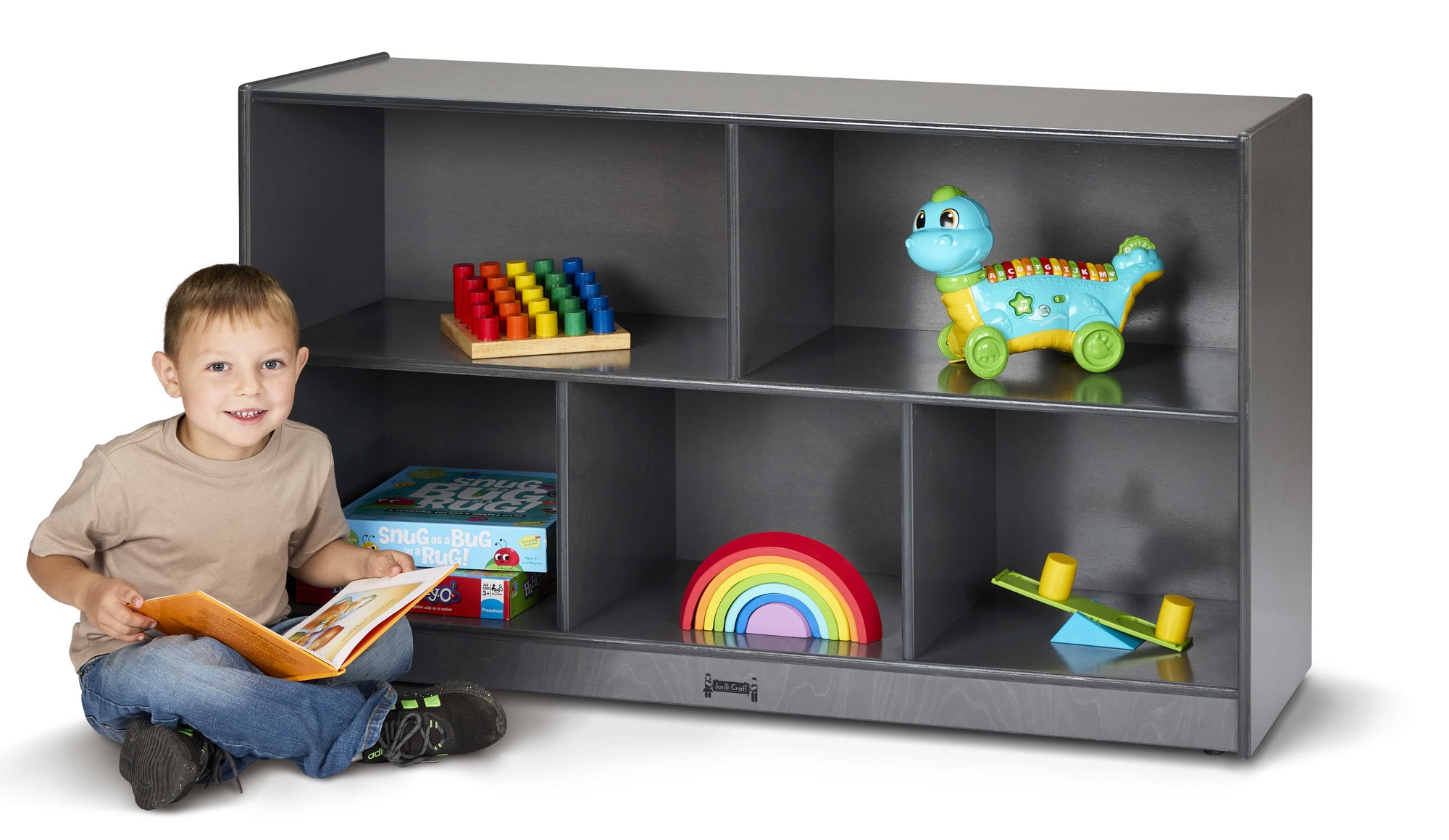 Mobile Wooden Gray Toy Storage Bookshelf