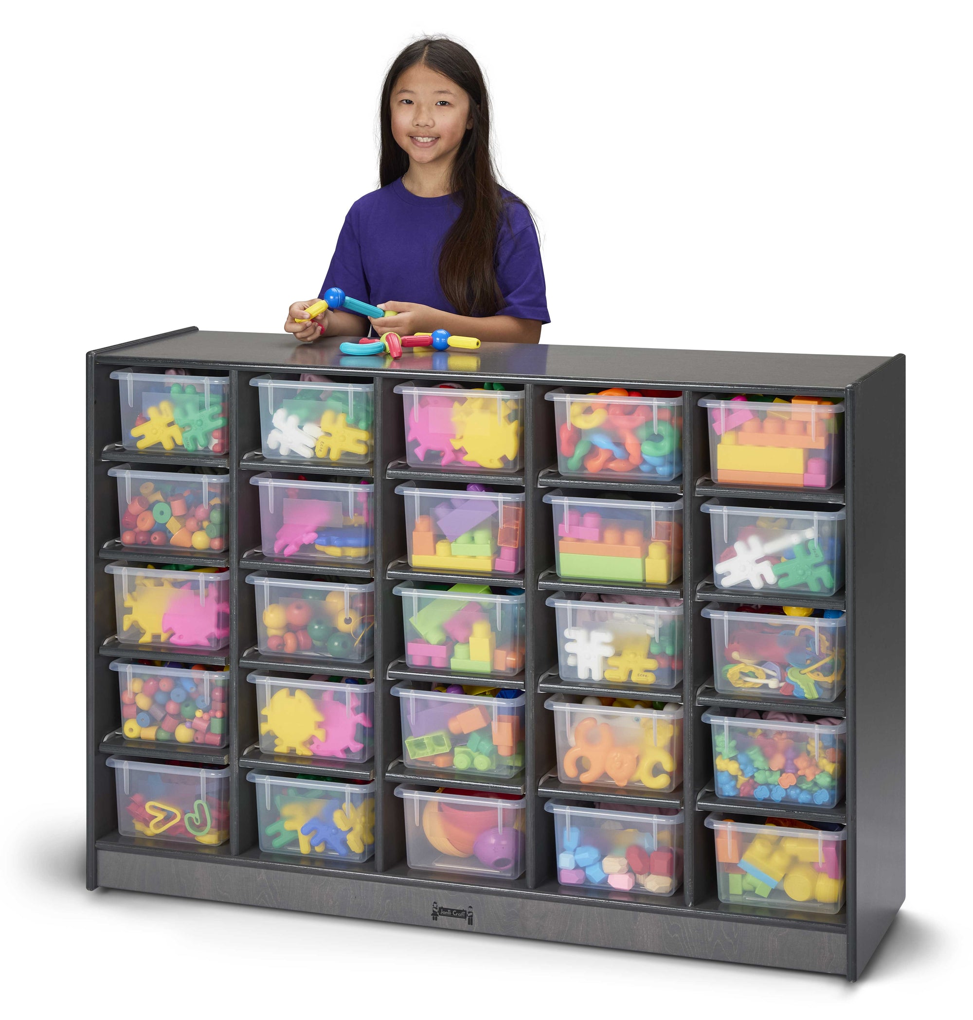 25 Cubby Wooden Gray Classroom Storage Organizer With Clear Bins