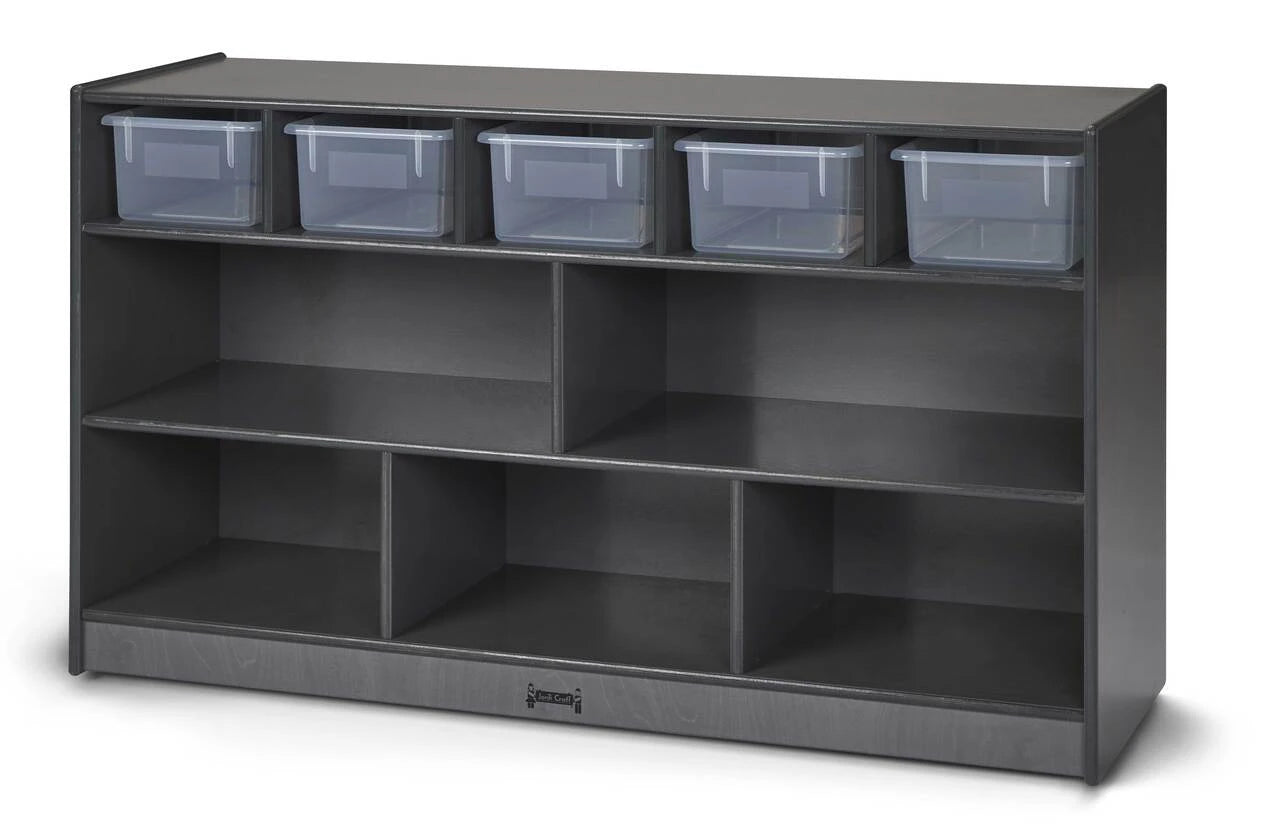 Mobile Wooden Gray Toy Storage Bookshelf With Clear Bins