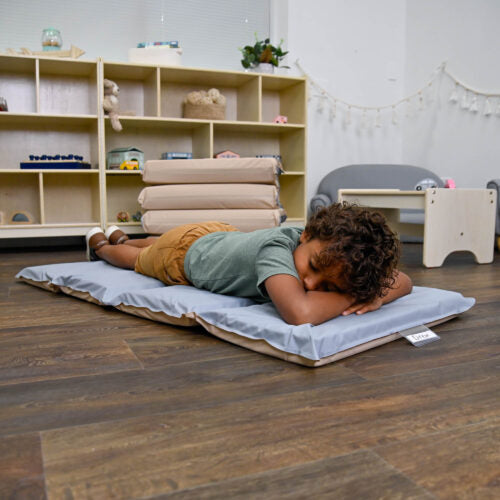 #60676 1" Angels 4 Section Folding Rest Nap Mat - Set of 5 - Fog Blue/Sand