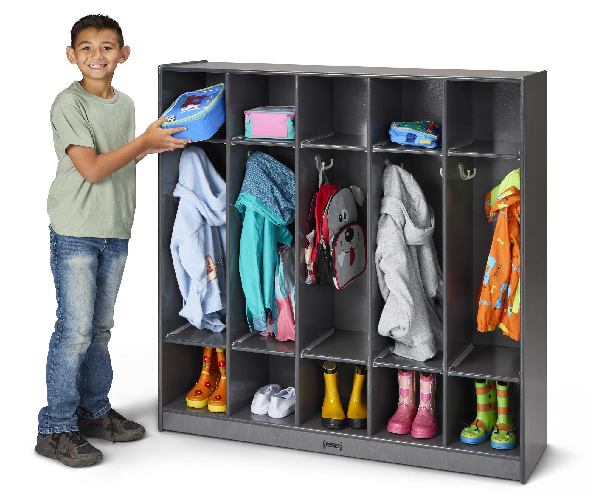 5 Section Wooden Gray Coat Locker With Cubbies