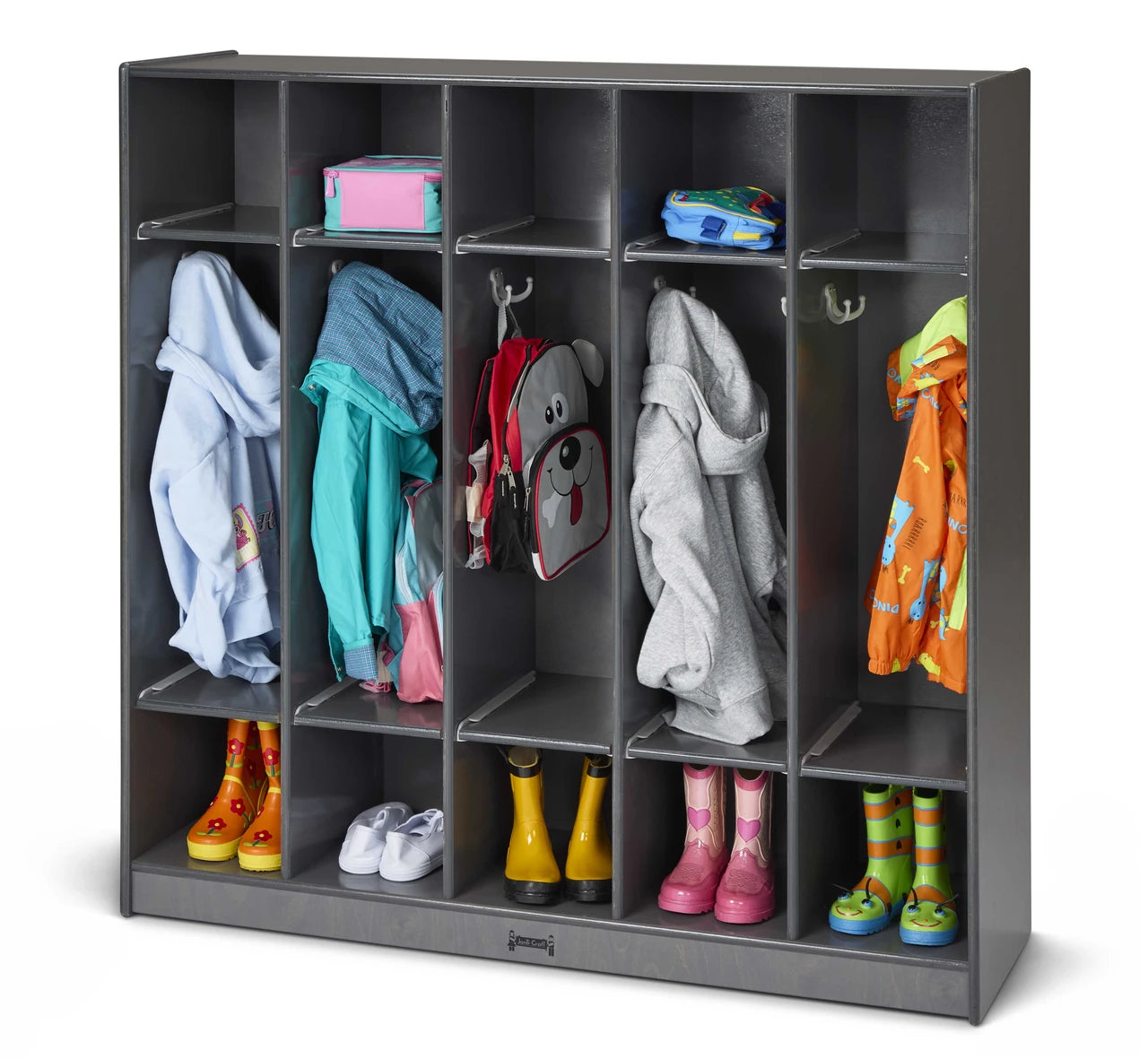5 Section Wooden Gray Coat Locker With Cubbies