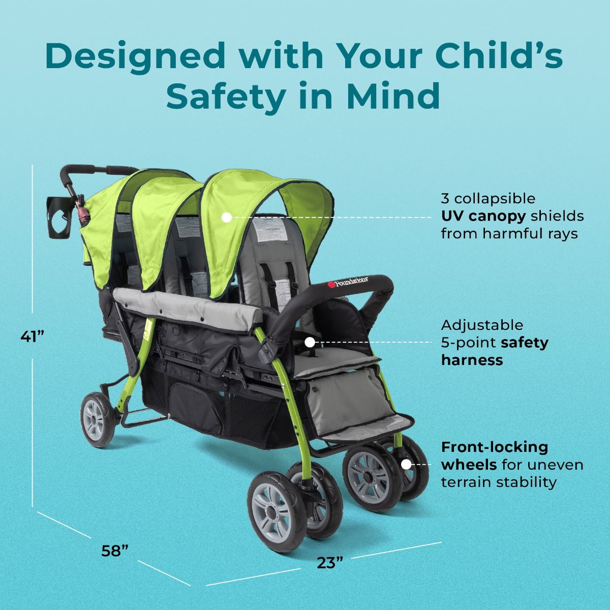 safety double stroller 18614 Gaggle® Trio Sport Tandem Stroller, LIME