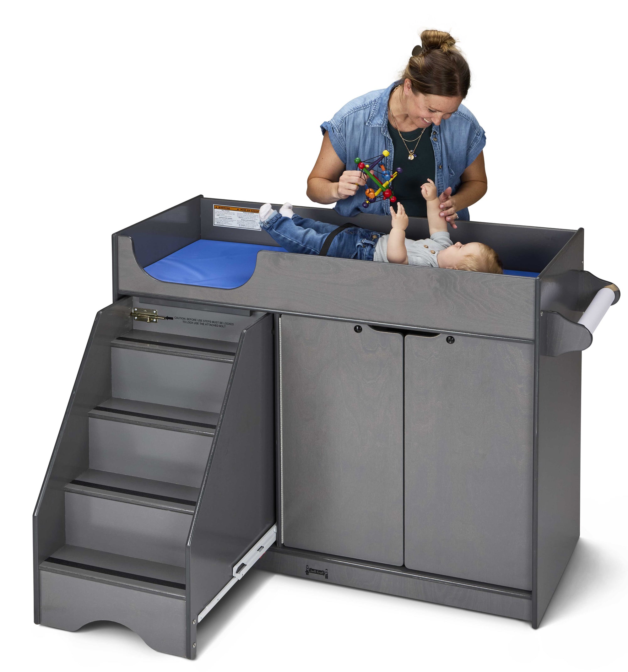 Gray Wooden Diaper Changing Table With Left Stairs