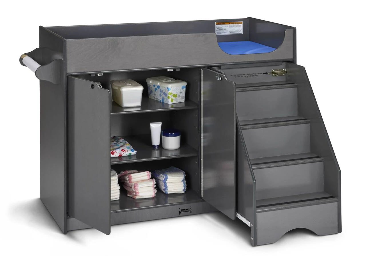 Gray Wooden Diaper Changing Table With Right Stairs