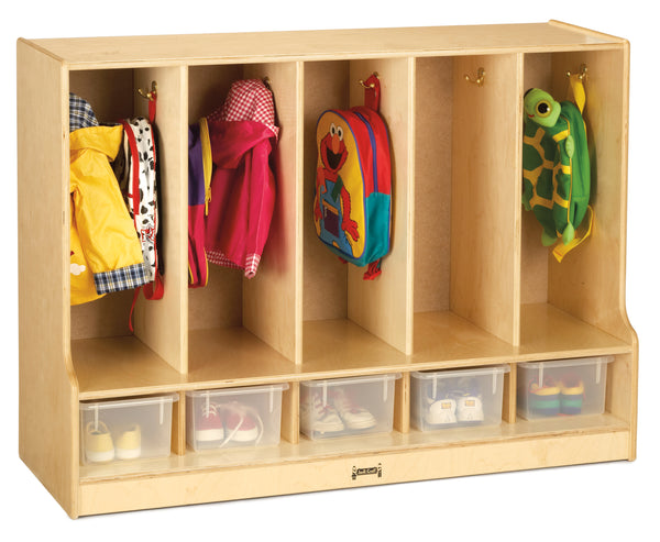 #1674 Jonti-Craft® Toddler Coat Locker W/Step - 5 Sections - With Clear Trays