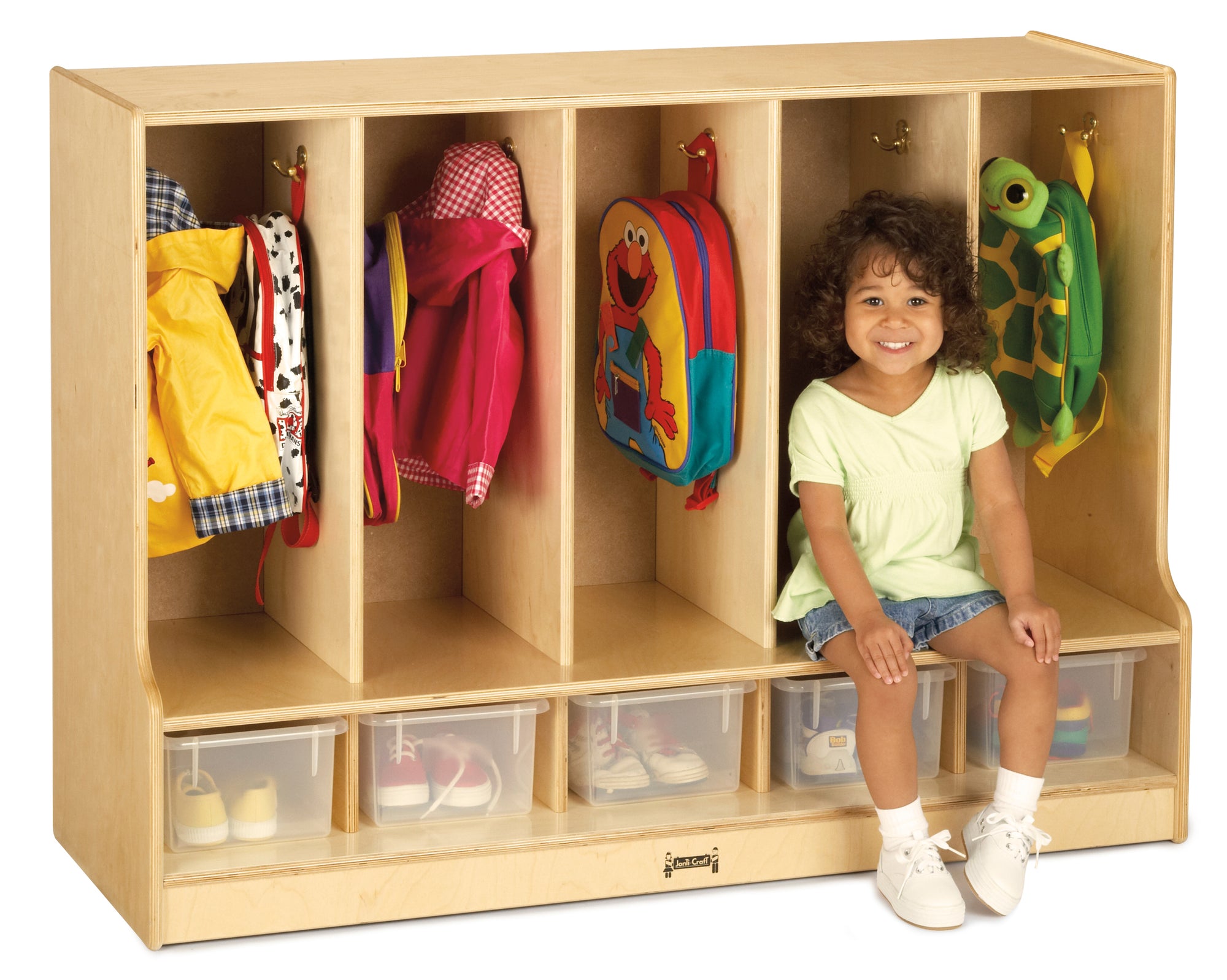 #1674 Jonti-Craft® Toddler Coat Locker W/Step - 5 Sections - With Clear Trays