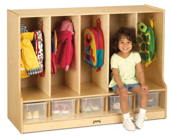 #1674 Jonti-Craft® Toddler Coat Locker W/Step - 5 Sections - With Clear Trays