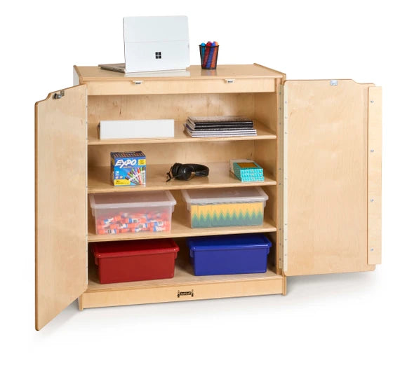 Small Lockable Wooden Storage Cabinet With Doors and Shelves