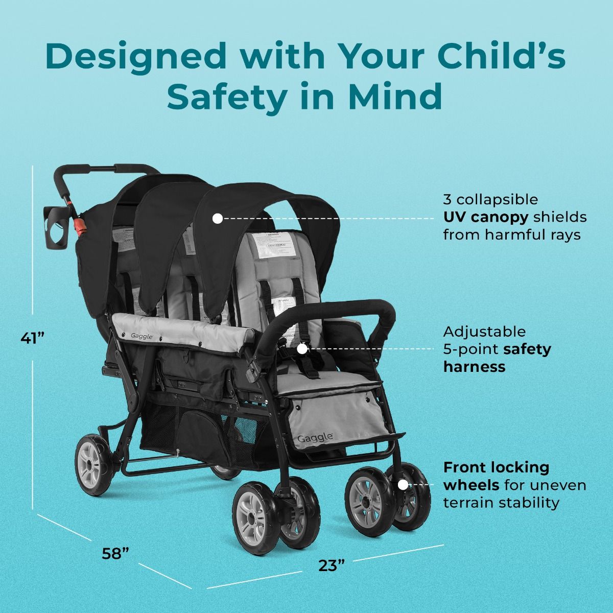 Black Compass Trio Triple Tandem Stroller Preschool Strollers Gaggle