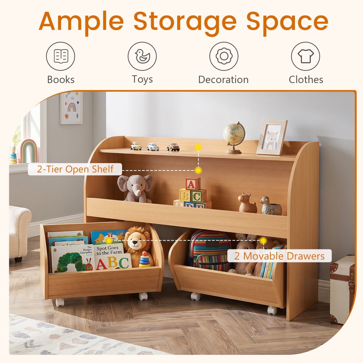 Kids Storage Organizer with Rolling Drawers & Bookshelf