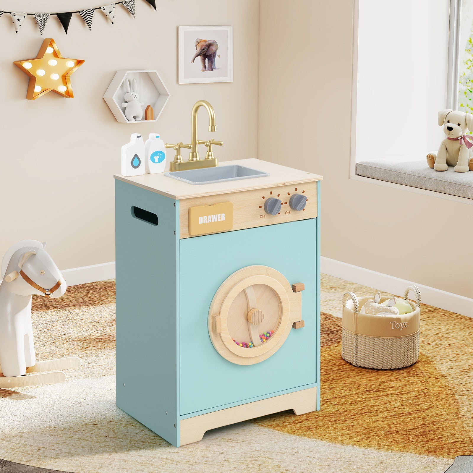 Kids Washer Playset Toy Washing Machine with Laundry Detergent-Blue