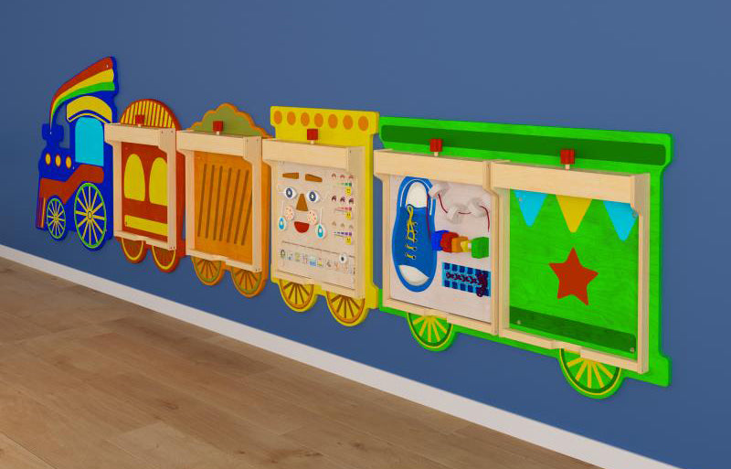 Sistema de pared STEAM de tren de madera de calidad comercial n.° 59614 con 5 soportes para paneles de accesorios