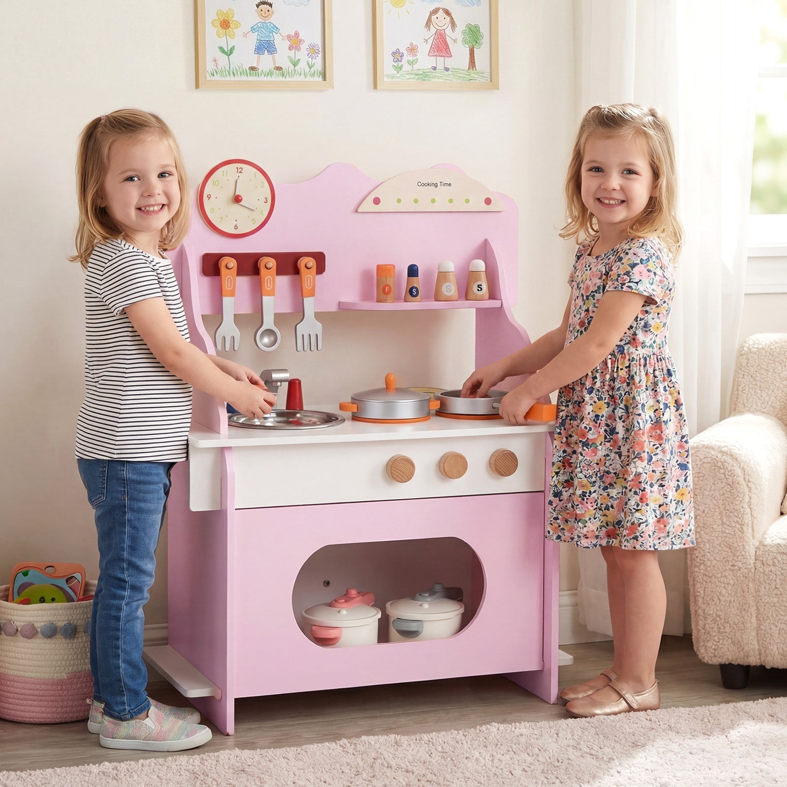 Wooden Play Kitchen for Kids Pretend Play Toy Kitchen Set with Clock Gift for Boys and Girls 3 +Pink