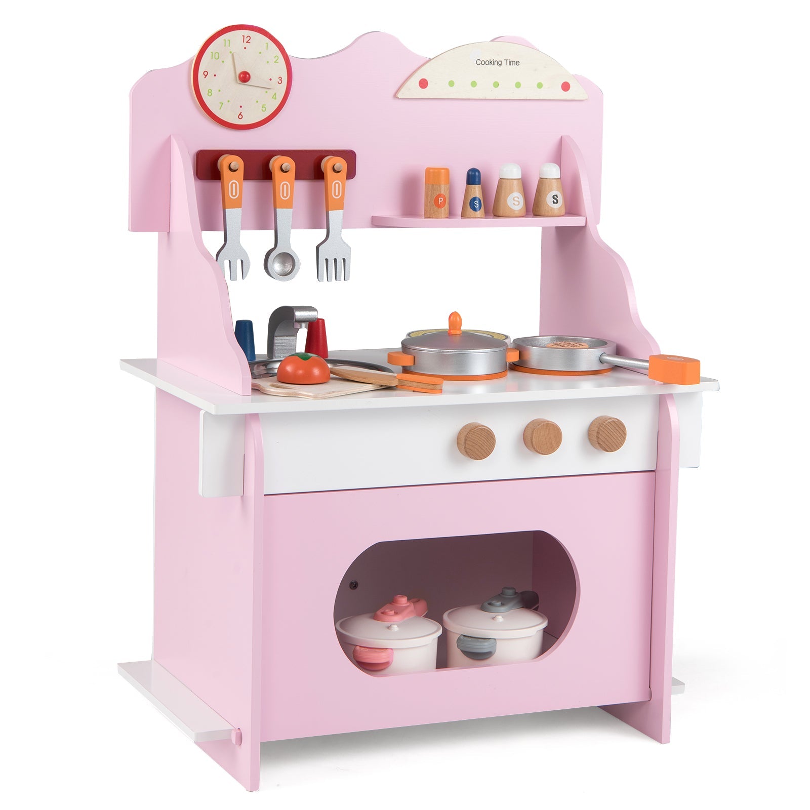 Wooden Play Kitchen for Kids Pretend Play Toy Kitchen Set with Clock Gift for Boys and Girls 3 +Pink