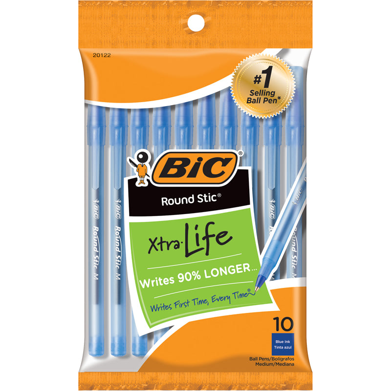 #3895 BIC ROUND STIC BALLPOINT PENS BLUE 10PK