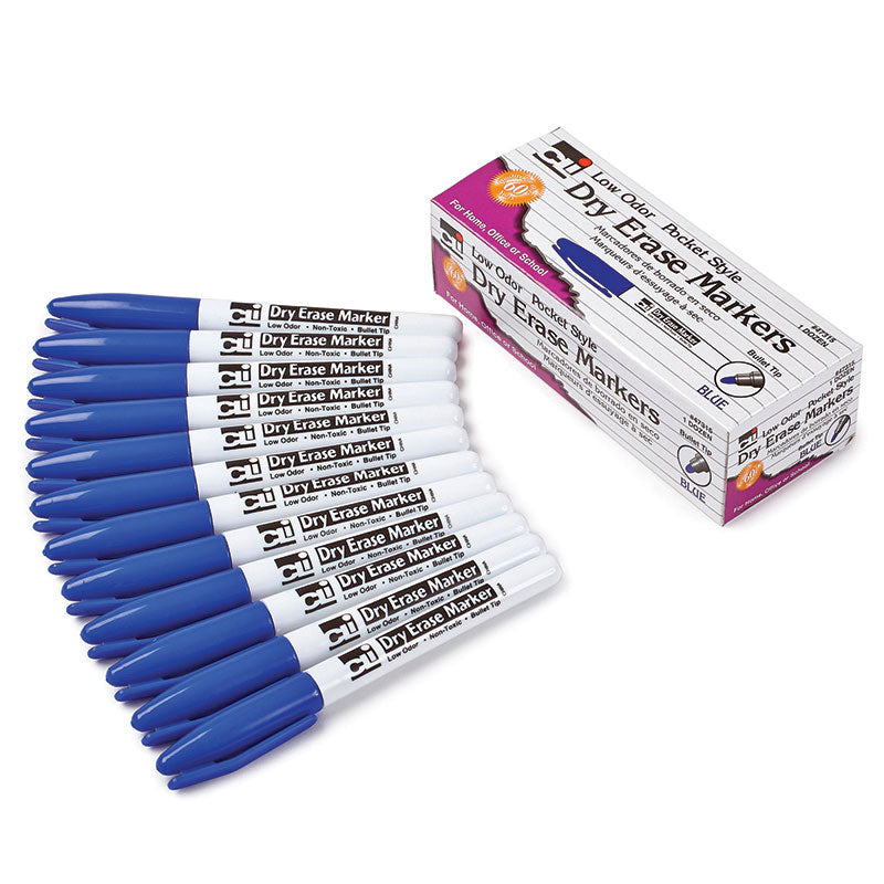 #11007 12CT BLUE BULLET TIP DRY ERASE MARKERS POCKET STYLE