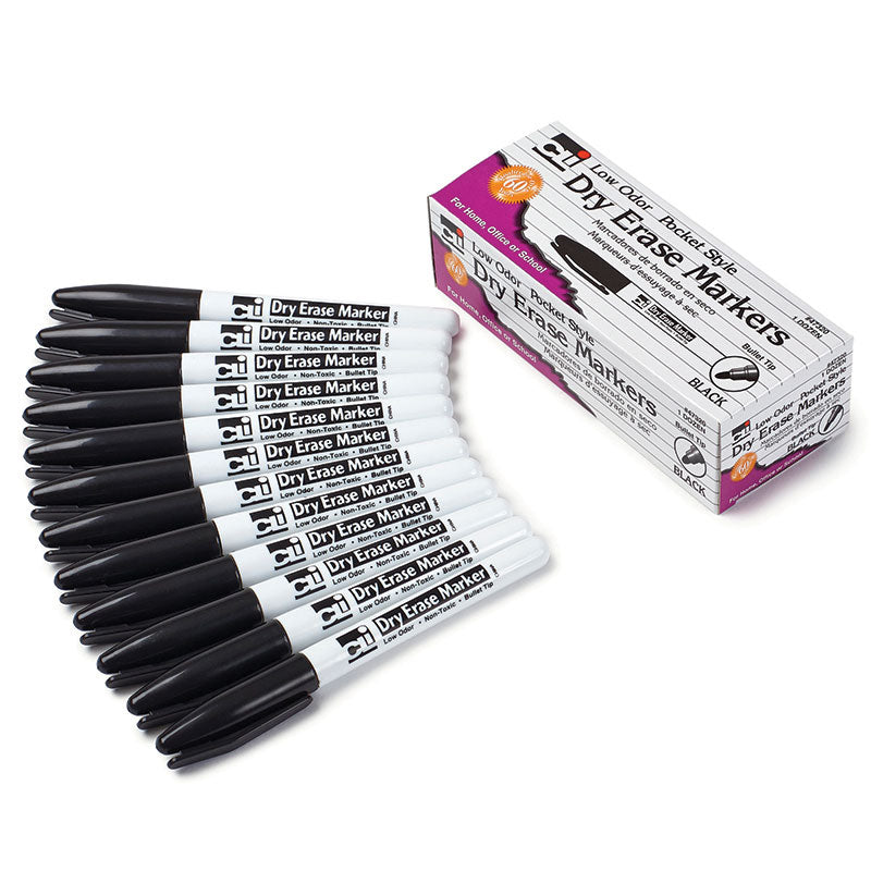 #11008 12CT BLACK BULLET TIP DRY ERASE MARKERS POCKET STYLE