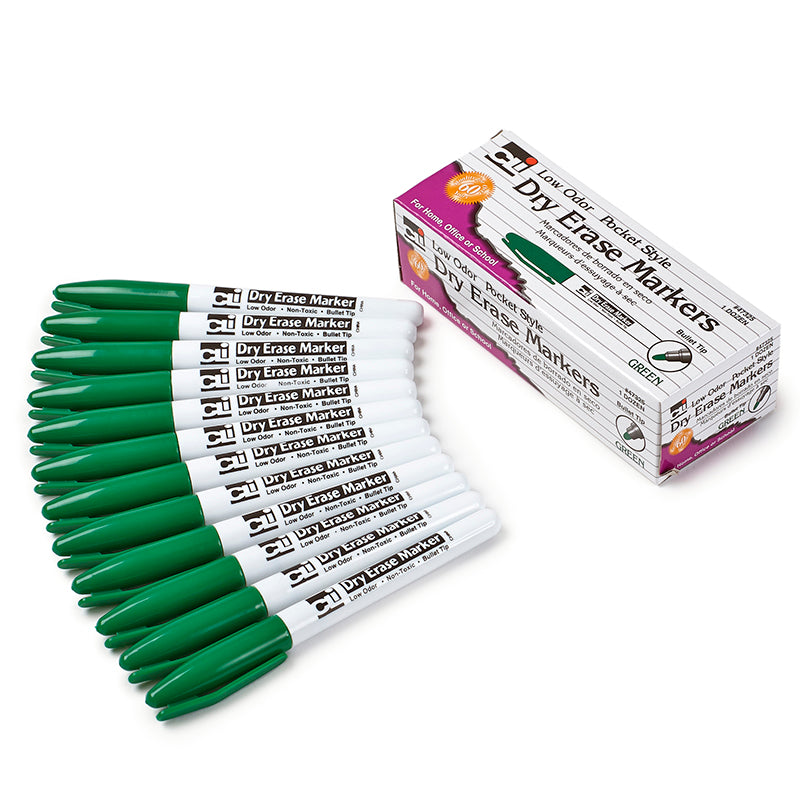 #11009 12CT GREEN BULLET TIP DRY ERASE MARKERS POCKET STYLE