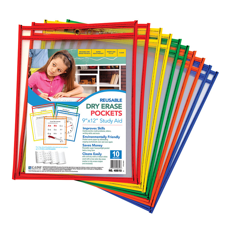 #12747 C LINE REUSABLE 10PK 9X12 DRY ERASE POCKETS ASSORTED PRIMARY