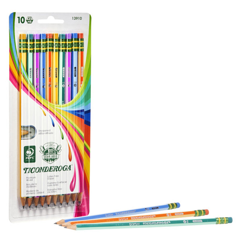 #54027 PENCILS NO 2 SOFT NEON STRIPES 10PK TICONDEROGA PRESHARPENED