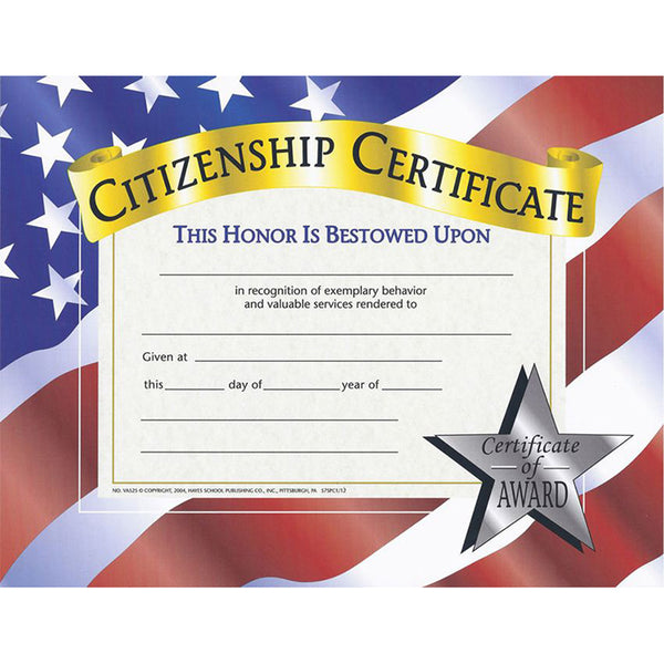 #20058 CERTIFICATES CITIZENSHIP 30 PK 8.5 X 11