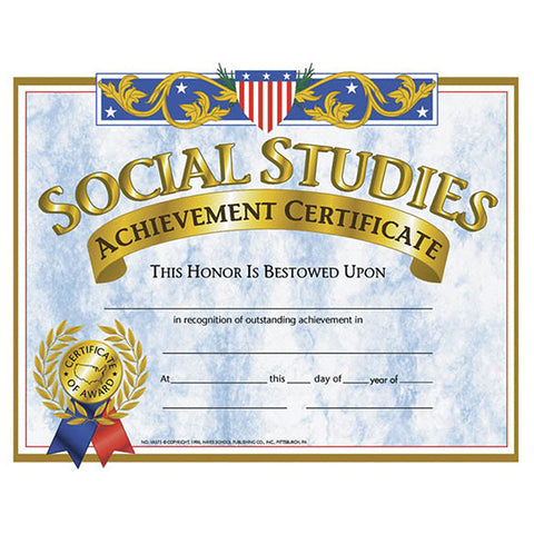 #20072 CERTIFICATES SOCIAL STUDIES 30/PK 8.5 X 11