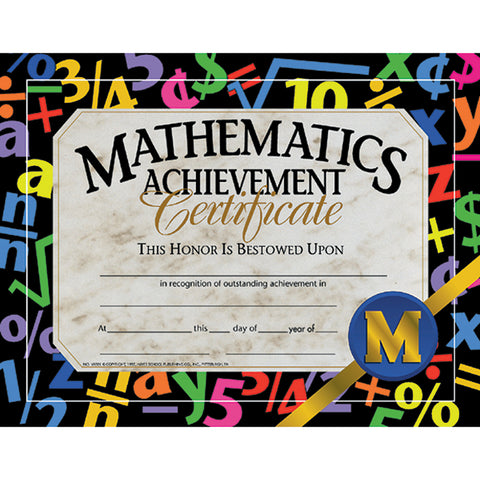 #20076 CERTIFICATES MATHEMATICS 30/PK ACHIEVEMENT 8.5 X 11