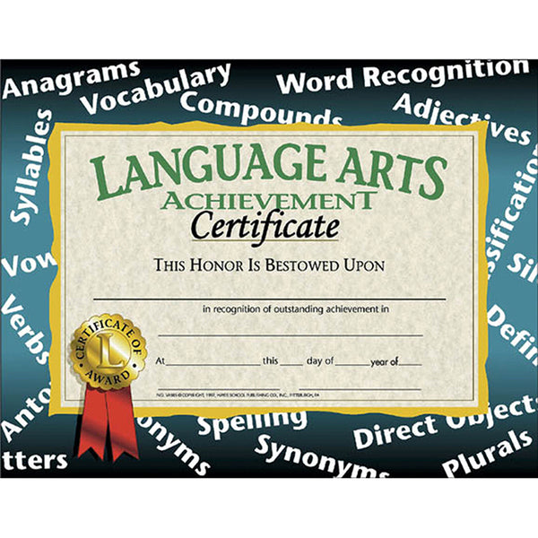 #20077 CERTIFICATES LANGUAGE ARTS 30/PK ACHIEVEMENT 8.5 X 11