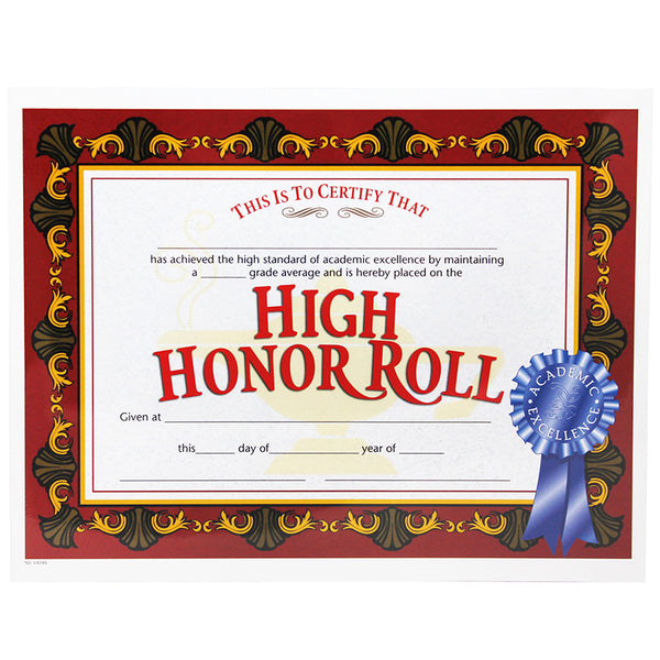 #20078 HIGH HONOR ROLL AWARD 30/PK 8.5X11 CERTIFICATES
