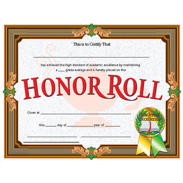 #20092 CERTIFICATES HONOR ROLL 30/PK 8.5 X 11 INKJET LASER