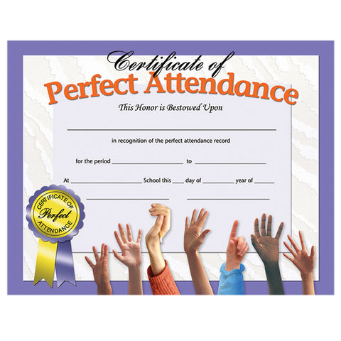 #20093 CERTIFICATES PERFECT ATTENDANCE 30 PK 8.5 X 11 INKJET LASER