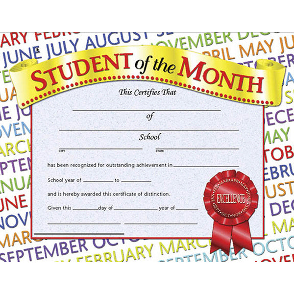 #20098 STUDENT OF THE MONTH 30PK 8.5 X 11 CERTIFICATES INKJET LASER