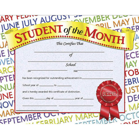 #20098 STUDENT OF THE MONTH 30PK 8.5 X 11 CERTIFICATES INKJET LASER