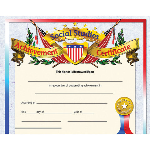 #20122 SOCIAL STUDIES ACHIEVEMENT 30PK CERTIFICATES 8.5 X 11 INKJET LASER
