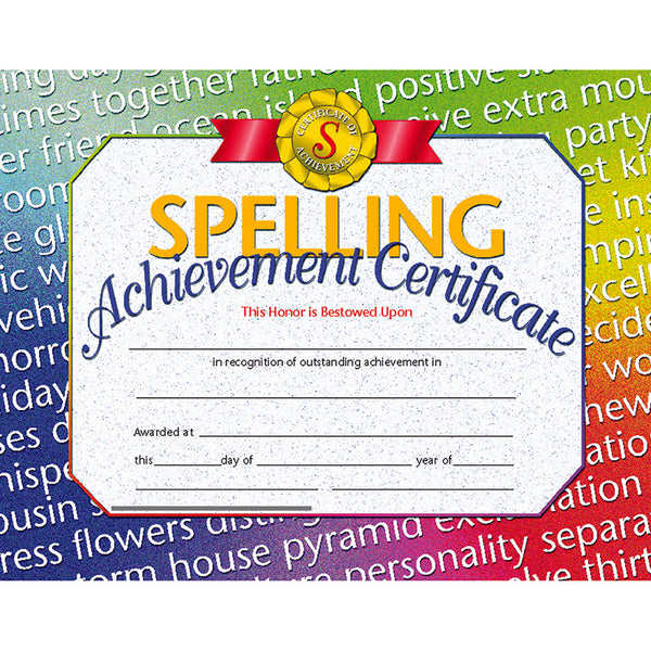 #20123 SPELLING ACHIEVEMENT 30/PK 8.5X11 CERTIFICATES INKJET LASER