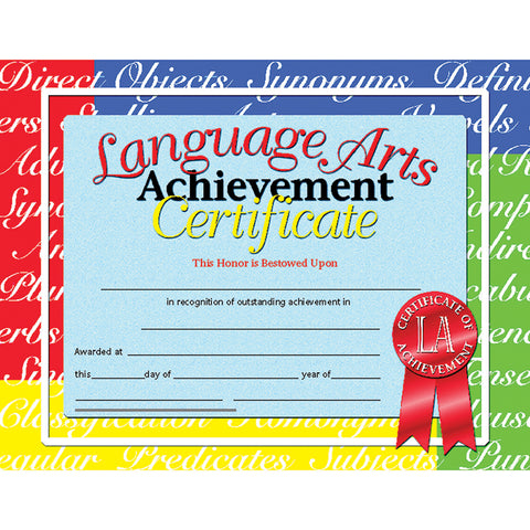 #20127 CERTIFICATES LANGUAGE ARTS 30/PK 8.5 X 11 INKJET LASER