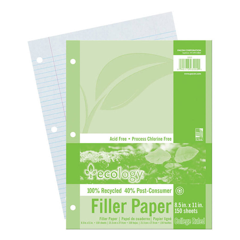 #28151 ECOLOGY RECYCLED FILLER PAPER 150SH 9/32IN COLLEGE RULING